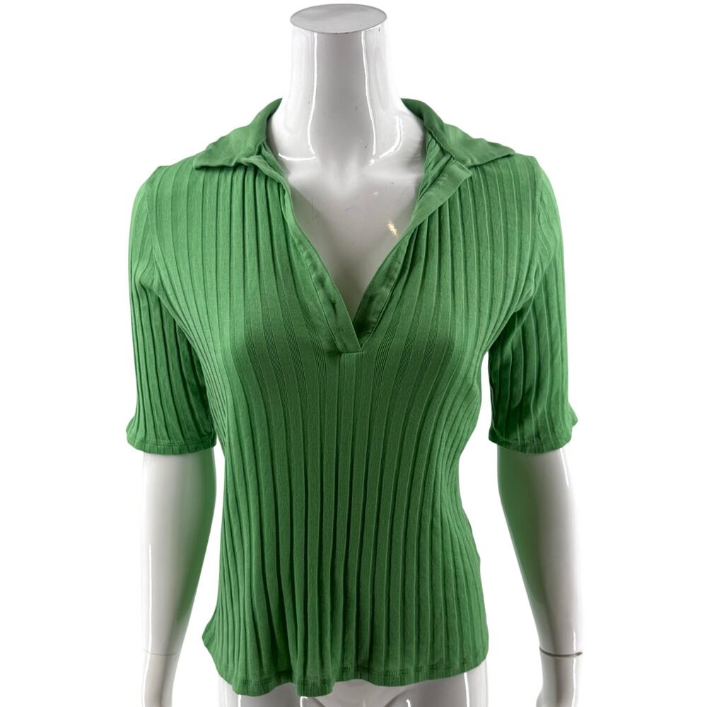 Vince Womens Top Size Large Kelly Green Ribbed Collared Half Sleeve Cotton